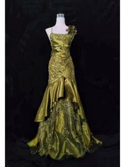 Vintage Classy Prom Dresses Mermaid Spaghetti Strap Olive Green Satin With Lace Beading Evening Long Dress N3294