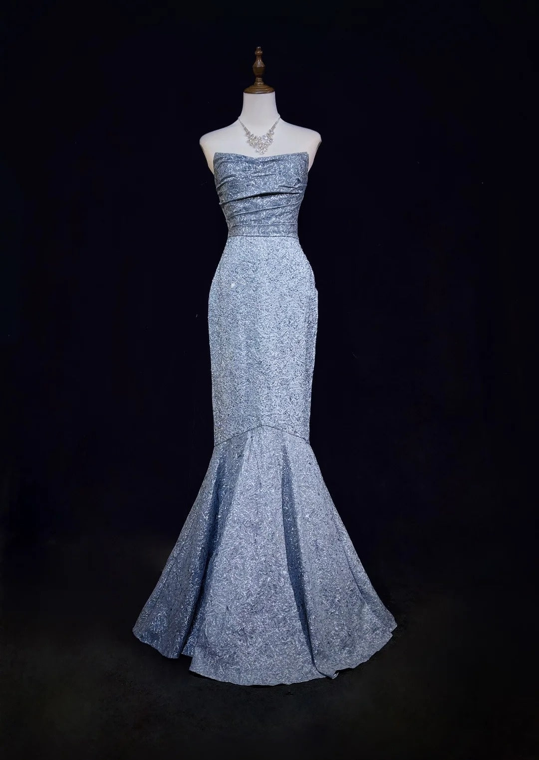 Vintage Prom Dresses 1960s Mermaid Strapless Blue Sequined With Ruffled Long Prom Gown N3097