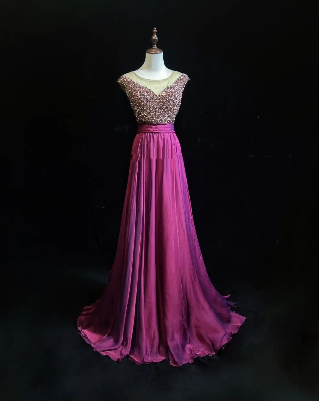 Vintage Prom Dresses A line Scoop Fuchsia Chiffon With Beading 80s Long Formal Evening Outfits N3880