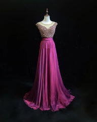 Vintage Prom Dresses A line Scoop Fuchsia Chiffon With Beading 80s Long Formal Evening Outfits N3880