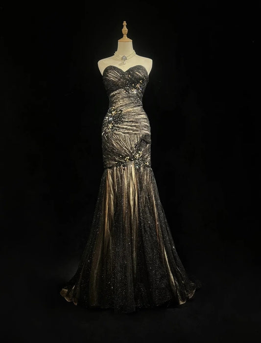 Charming Prom Dresses Mermaid Sweetheart Tulle Black Tie Dress With Beaded Long Formal Evening Outfits N3701