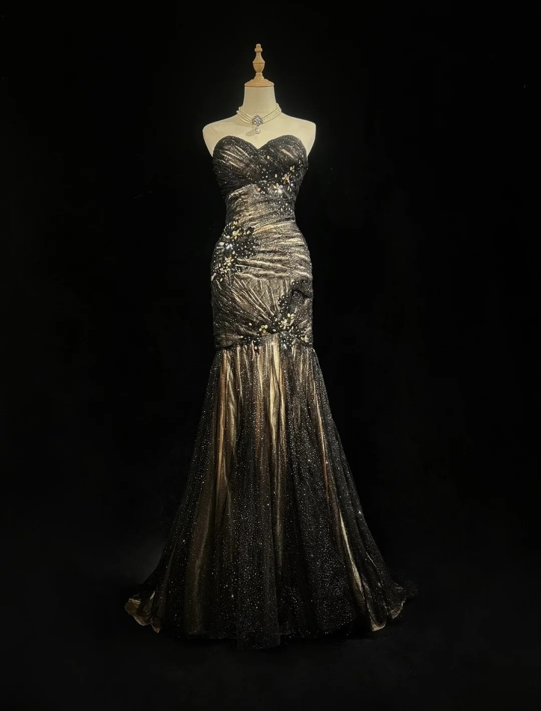 Charming Prom Dresses Mermaid Sweetheart Tulle Black Tie Dress With Beaded Long Formal Evening Outfits N3701