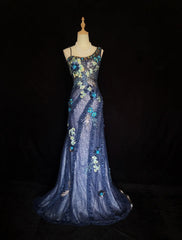 Vintage Prom Dresses Mermaid Straps Light Blue Lace With Flowers Long Evening Outfits N3440