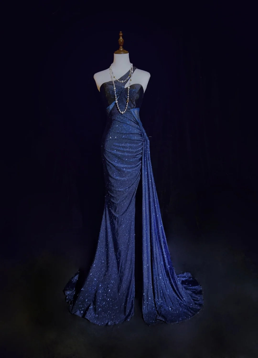 Vintage Prom Dresses 90s Mermaid One Shoulder Navy Blue Sequined Backless Long Evening Outfits N3140
