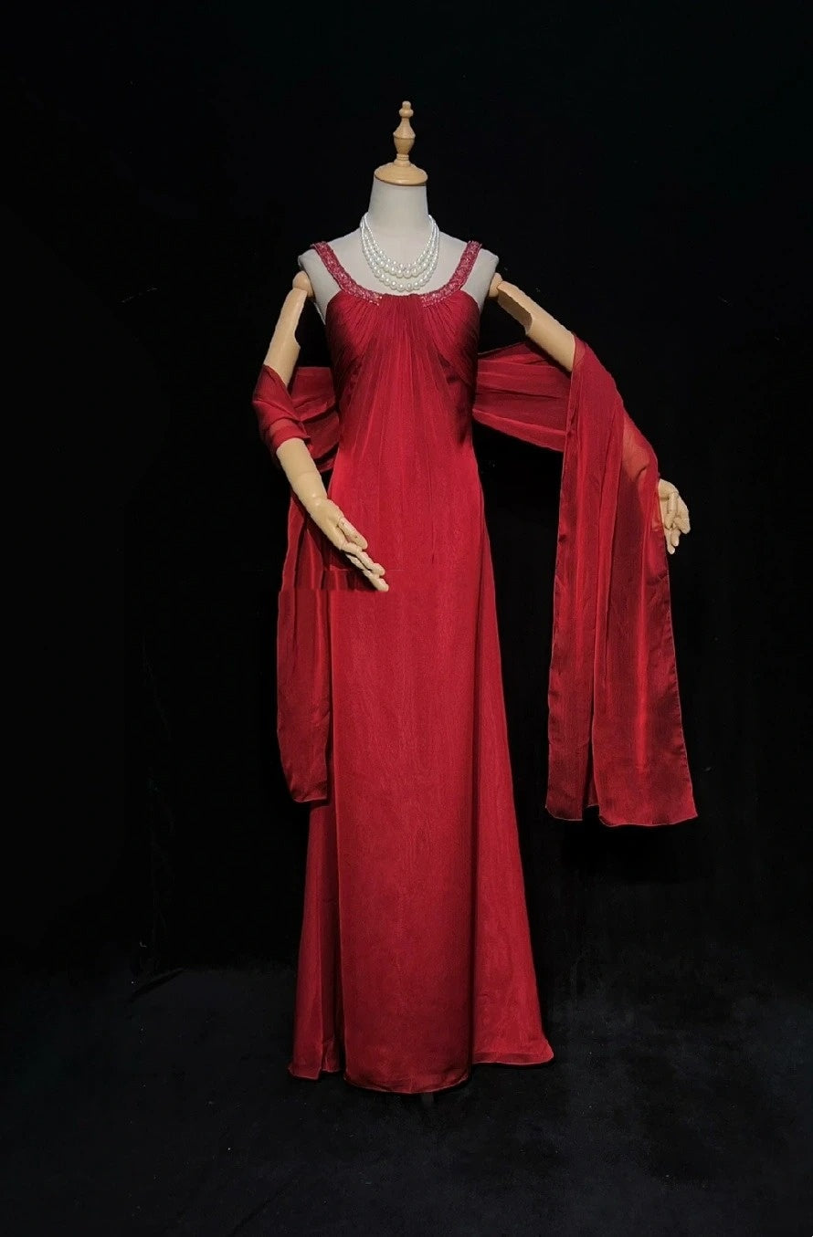 Elegant Prom Dresses A line Jewel Neck Burgundy Chiffon With Cape Beaded Sleeveless Long Formal Gown N2885