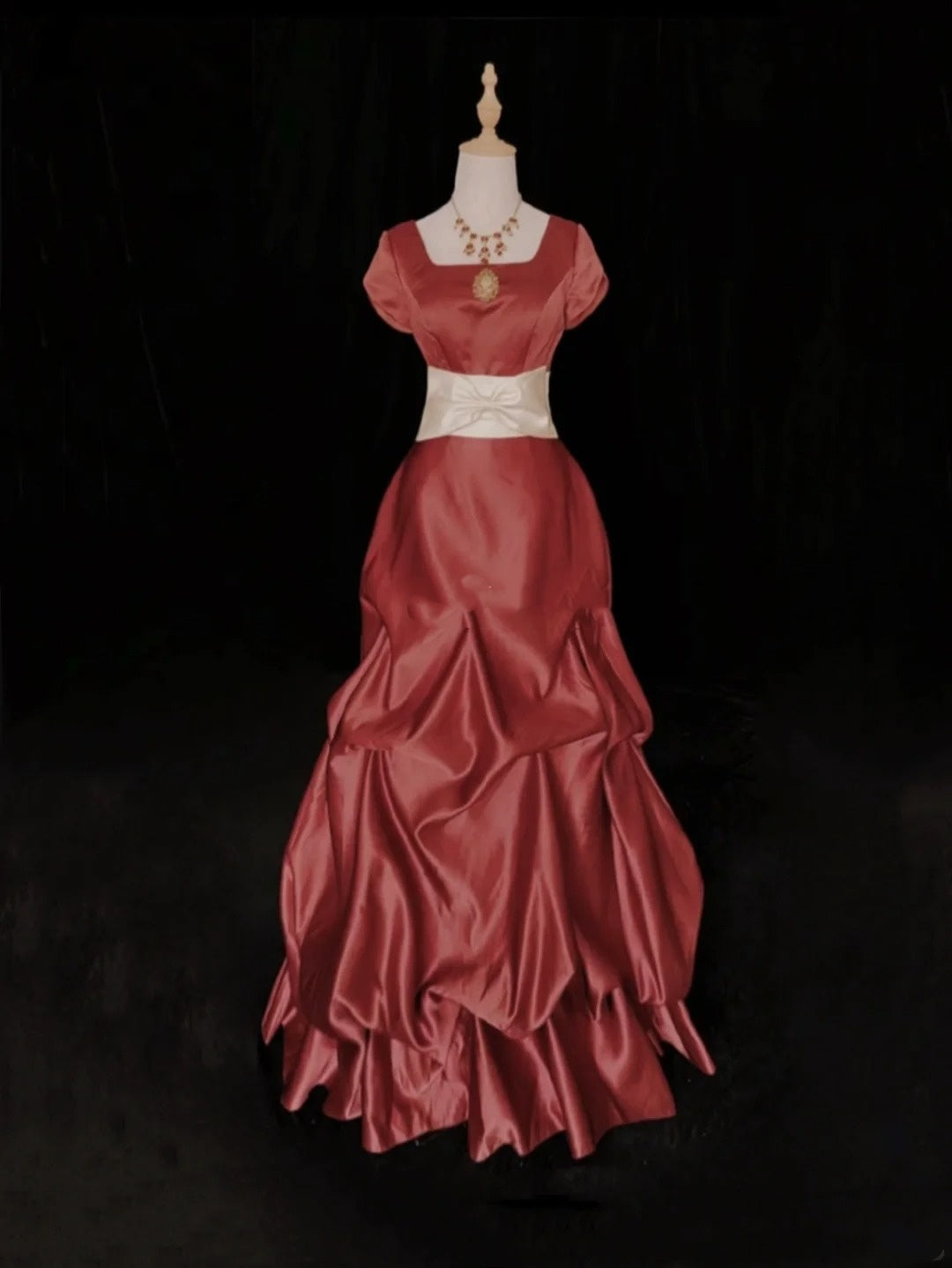 Vintage Prom Dresses 80s Ball Gown Square Neck Rust Red Satin Short Sleeves With Ruffled Semi Formal Evening Outfits N3625