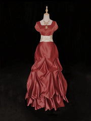 Vintage Prom Dresses 80s Ball Gown Square Neck Rust Red Satin Short Sleeves With Ruffled Semi Formal Evening Outfits N3625