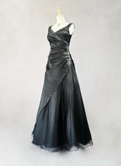 Vintage 90s Prom Dresses Ball Gown V Neck Black With Silver Beading Long Prom Gown N3022