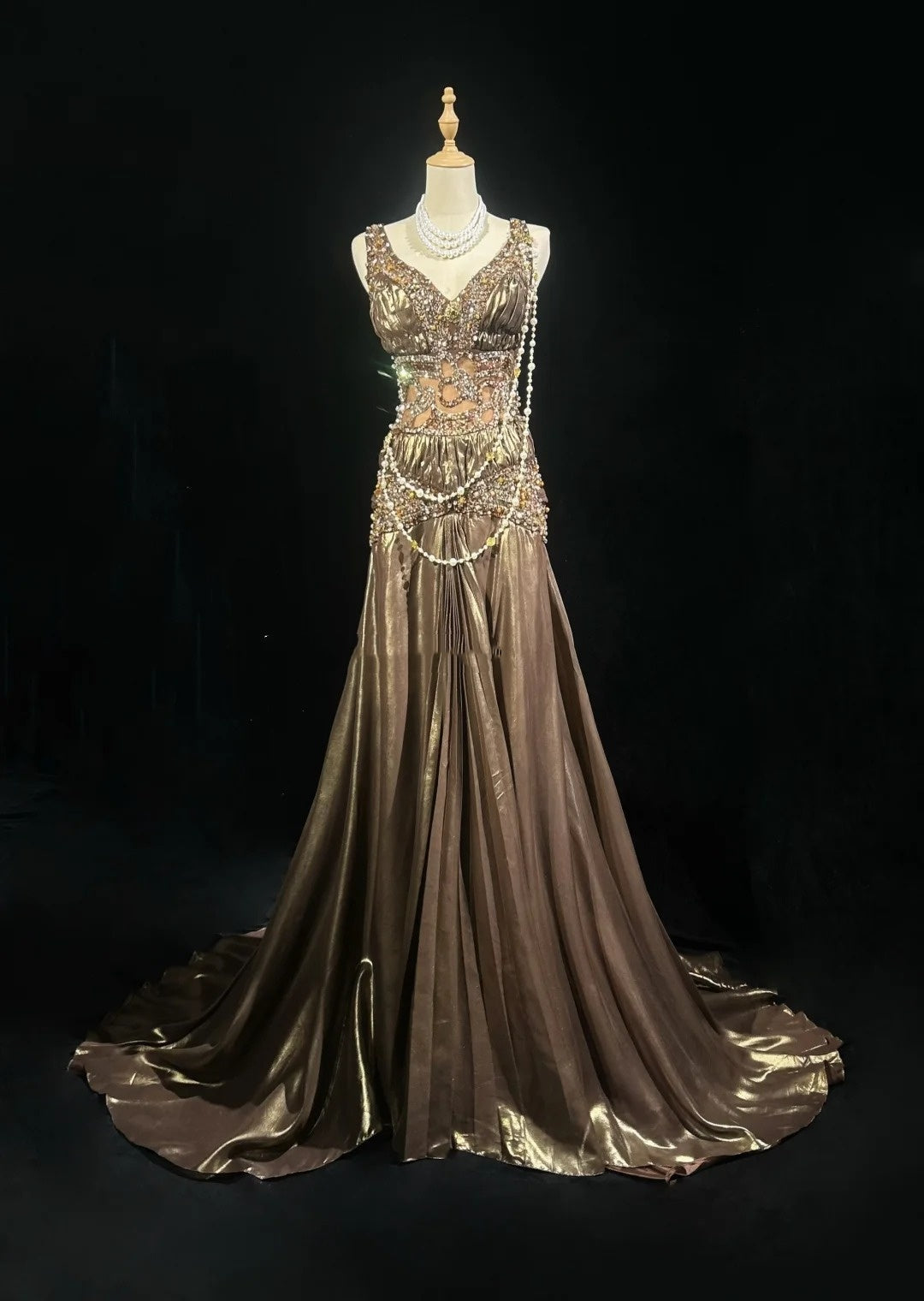 Vintage Prom Aesthetic Dresses Mermaid V Neck Brown Satin With Beading Gem Long Formal Dress N3021