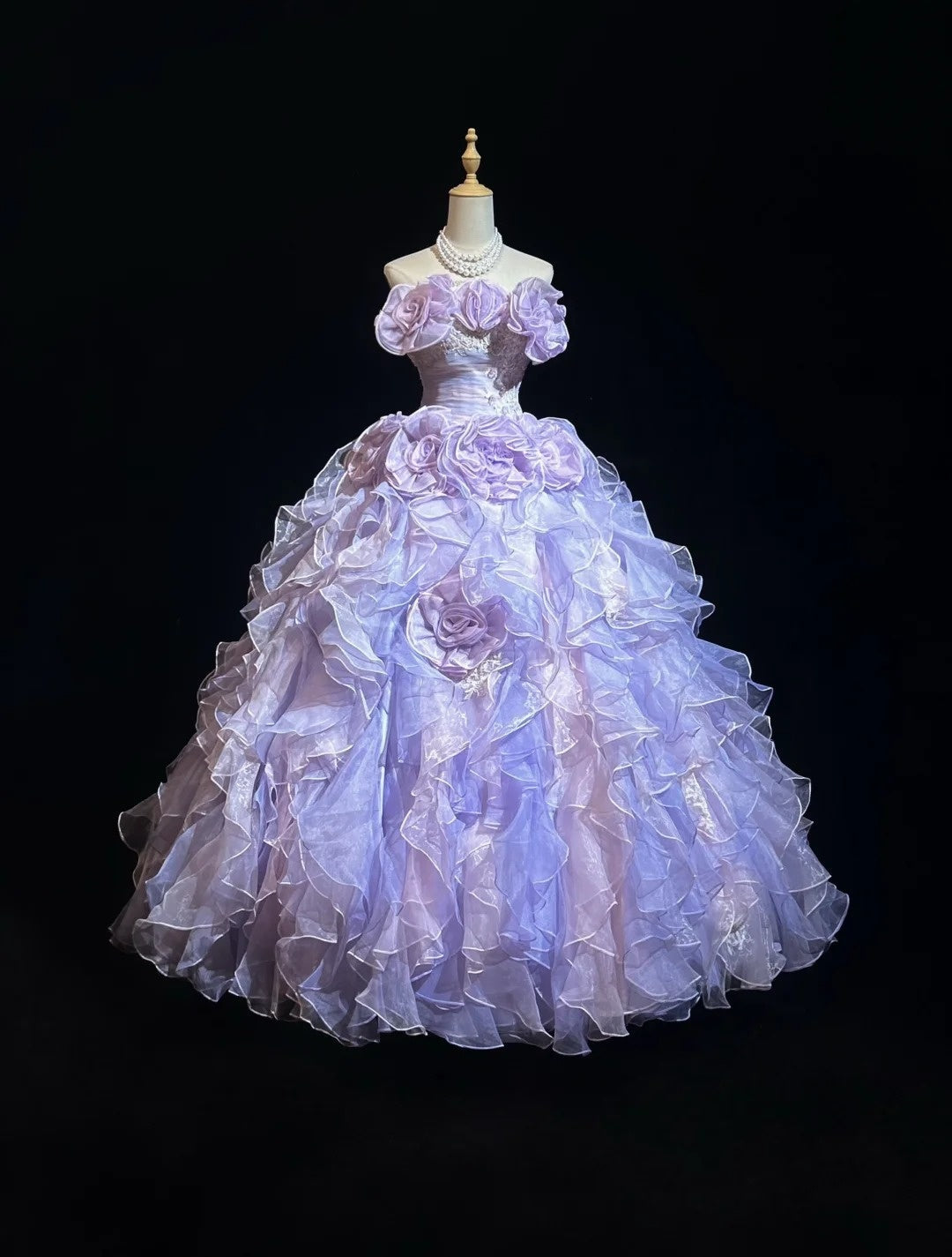Modest Prom Dresses Ball Gown Strapless Lilac Organza With Layers Tiered Long Quince Dress N3128
