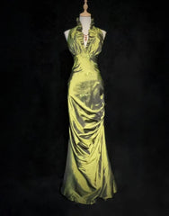 Vintage Prom Dresses 2000s Mermaid Halter V Neck Green Satin With Ruffled Beading Long Prom Gown N3094