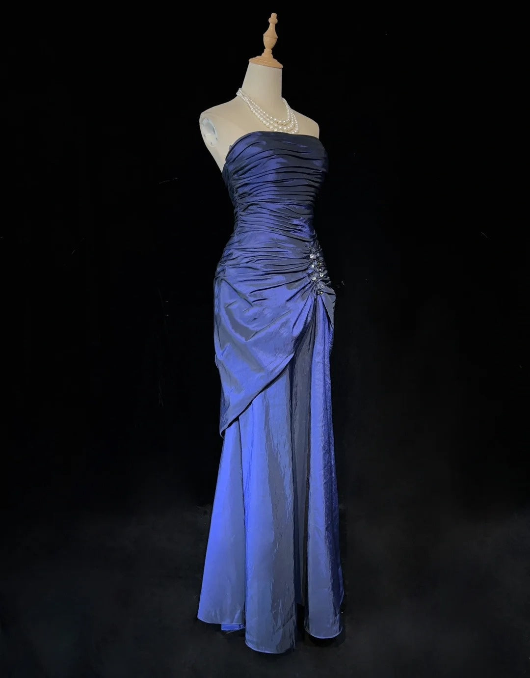 Vintage Prom Dresses 90s Mermaid Strapless Navy Blue Taffeta With Beading Long Semi Formal Evening Dress N3669