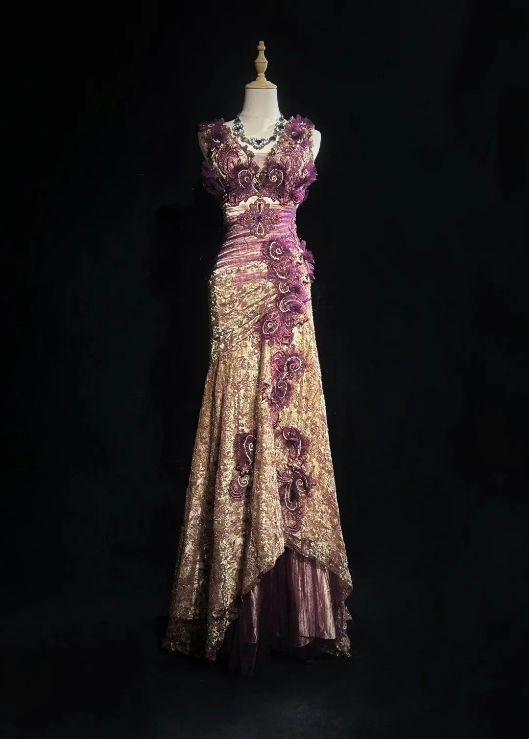Vintage Prom Dresses Mermaid V Neck Gold Lace With Flowers 80s Long Formal Evening Outfits N3881