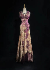 Vintage Prom Dresses Mermaid V Neck Gold Lace With Flowers 80s Long Formal Evening Outfits N3881