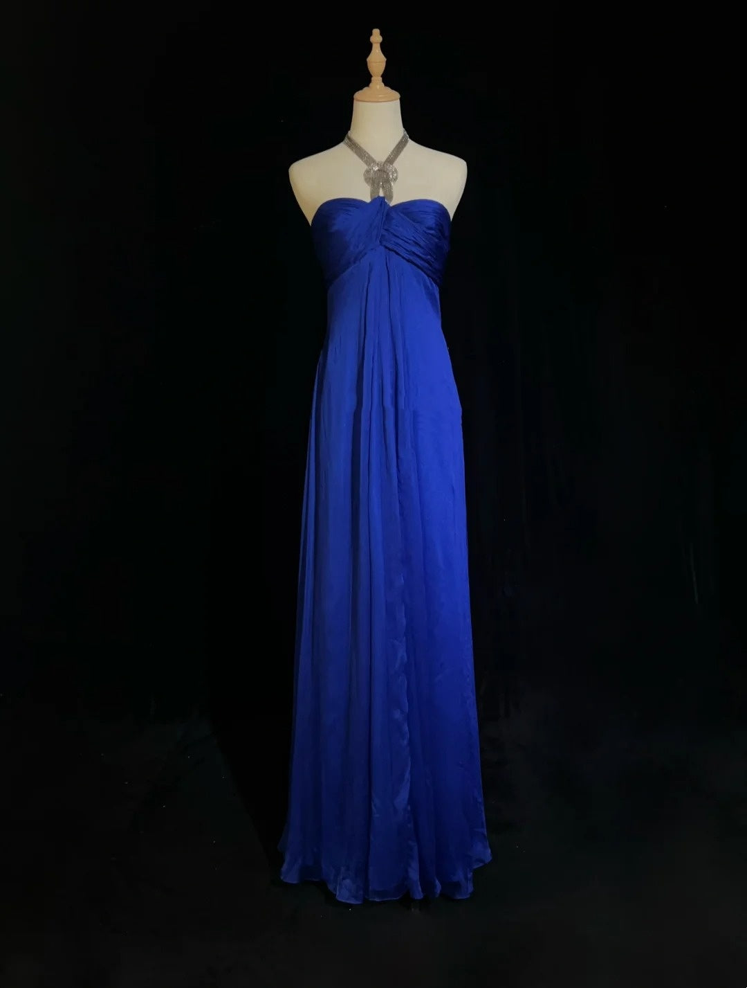 Vintage Prom Dresses A line Halter Royal Blue Chiffon With Beaded 90s Long Formal Gown N2903