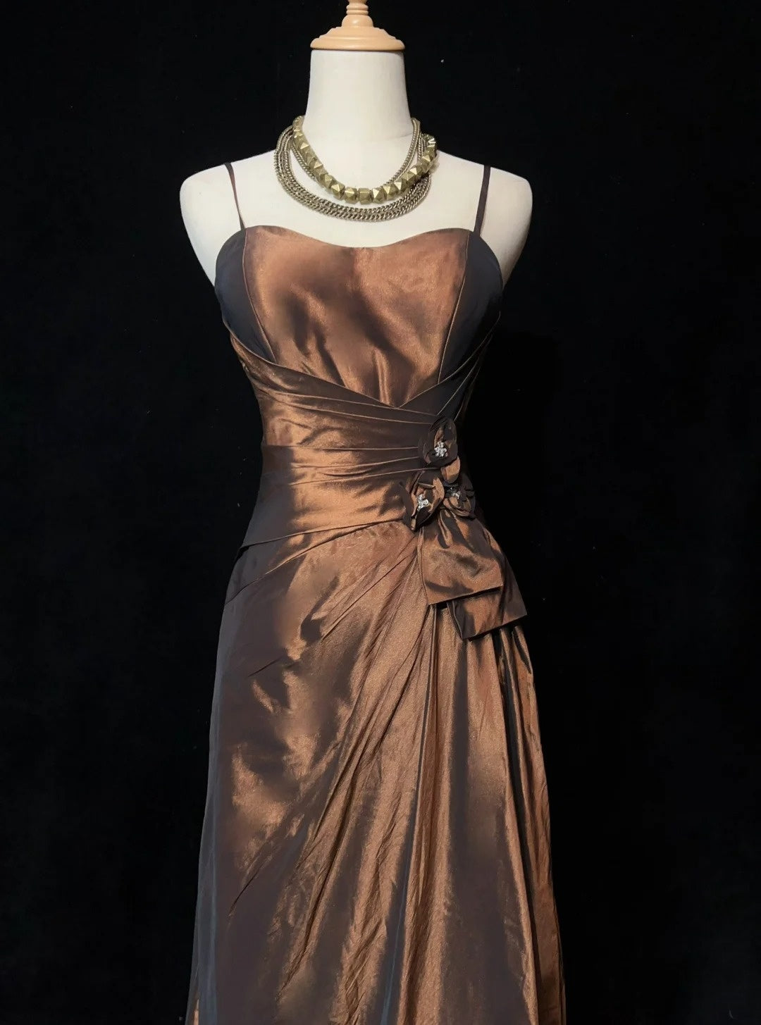 Vintage Prom Dresses Mermaid Spaghetti Strap Brown Satin 80s Long Formal Evening Outfits N3876