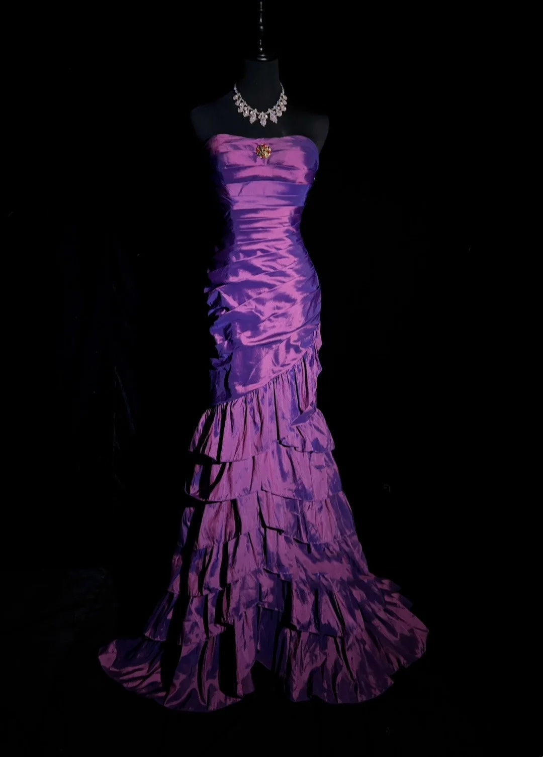 Vintage Prom Dresses 90s Mermaid Strapless Purple Satin With Tiered Layers Long Semi Formal Evening Outfits N3661