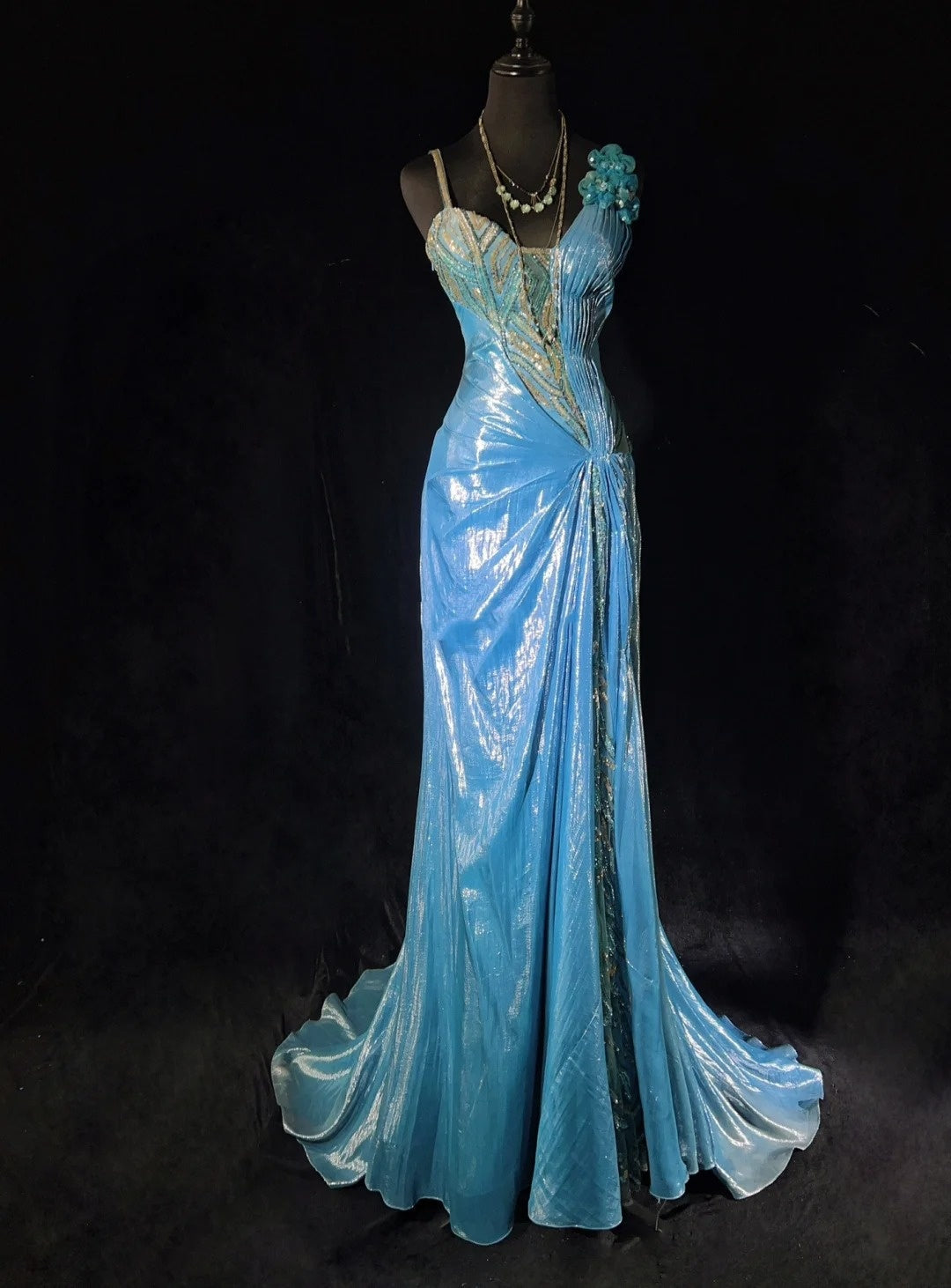 Vintage Prom Dresses Inspo Mermaid Straps Blue Sequined Long 1990s With Flower Formal Gowns N3355