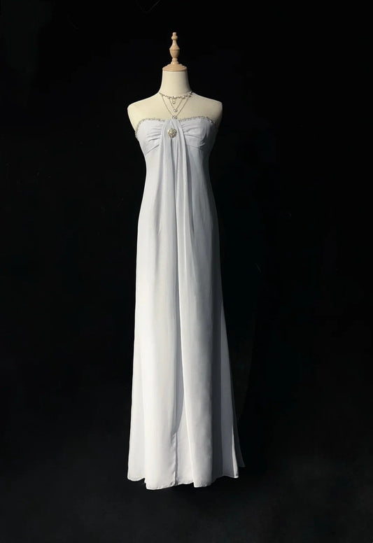 Vintage 90s Prom Dresses A Line Strapless Silver Chiffon Empire Long Prom Gown N3019