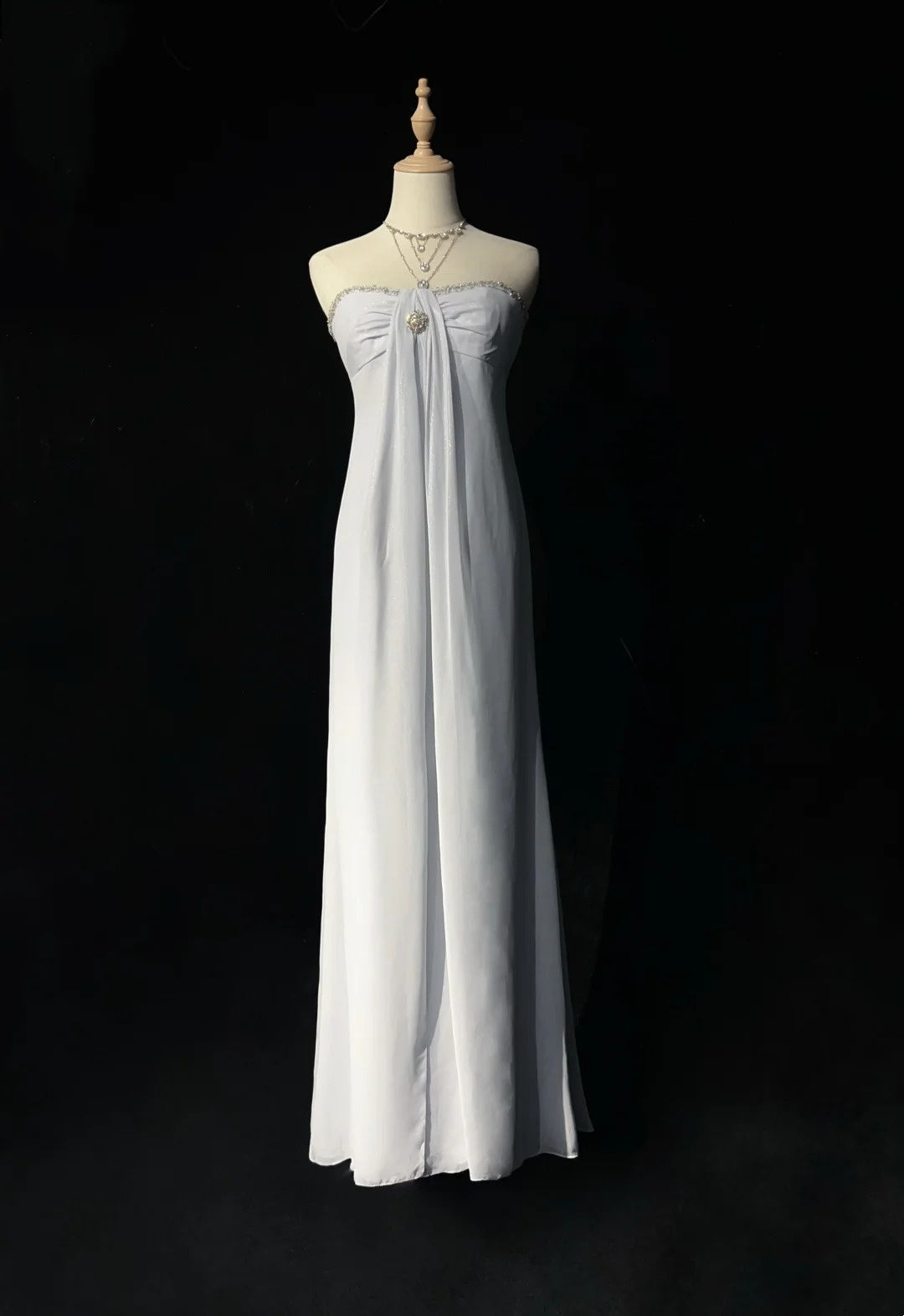 Vintage 90s Prom Dresses A Line Strapless Silver Chiffon Empire Long Prom Gown N3019