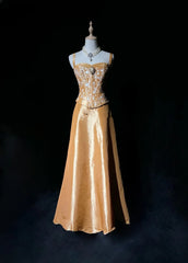 Charming Prom Dresses A line Spaghetti Strap Gold Long Formal Evening Dress N3900