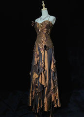 Modest Prom Dresses A line Spaghetti Strap Brown Satin Sleeveless Long Formal Evening Outfits N3639