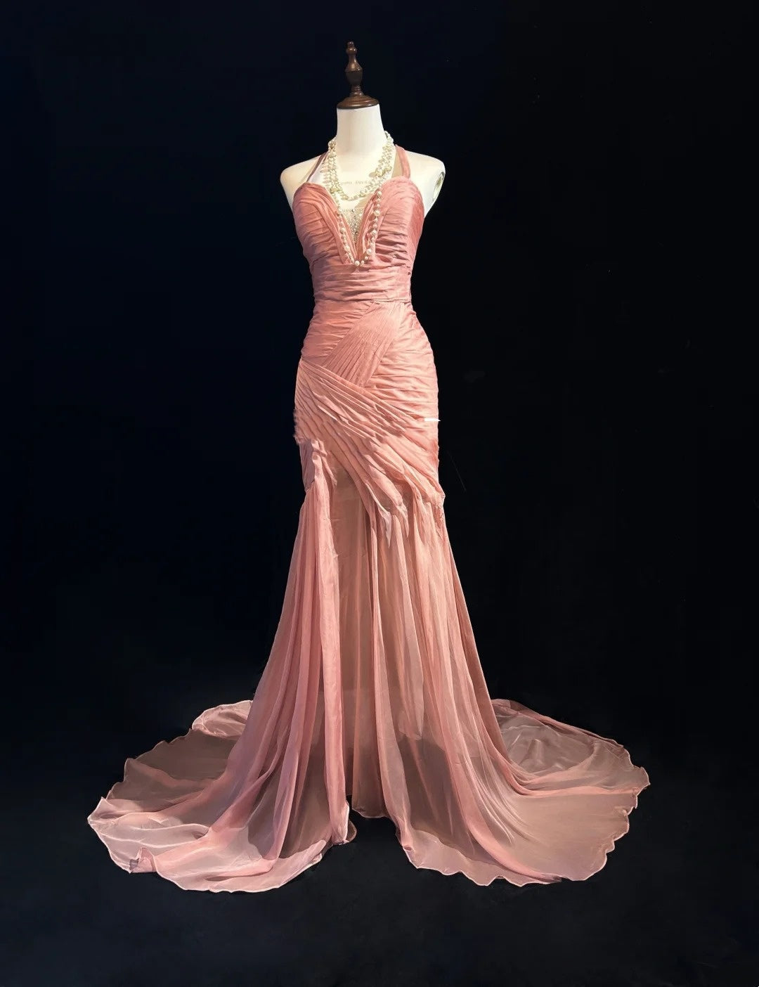 Vintage Mermaid Halter Pink With Folds Sleeveless Long Formal Dress Gown Birthday Prom Dresses N2447