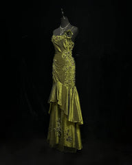 Vintage Mermaid 2000s Spaghetti Strap Olive Green Satin Formal Dress Long Prom Dresses N2575