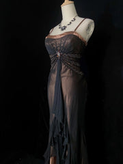 Vintage Prom Dresses Spaghetti Strap Mermaid Brown Satin Black Chiffon Long Formal Evening Outfits N3861