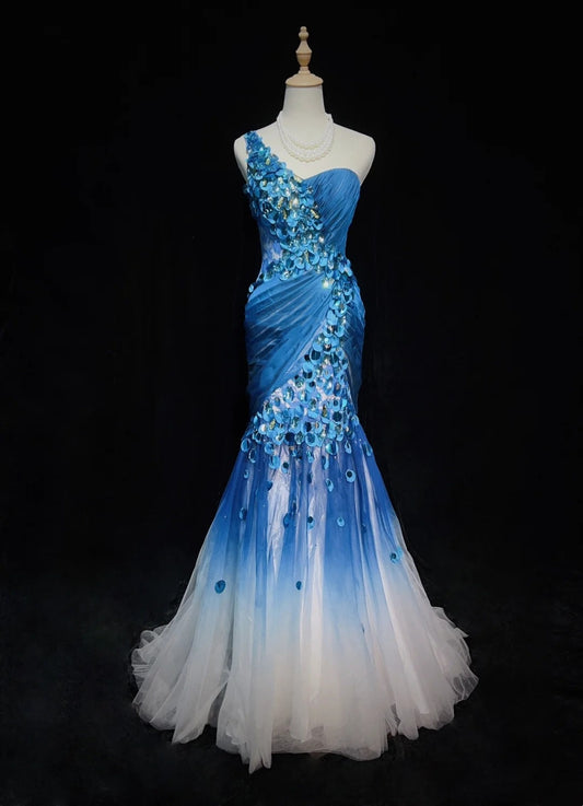 Vintage Classy Prom Dresses Mermaid One Shoulder Gradient Colors White Blue Tulle With Beaded Evening Long Dress N3301