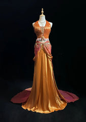 Charming Prom Dresses Mermaid Pink Halter Orange Satin With Ruffled Long Evening Outfits N3430