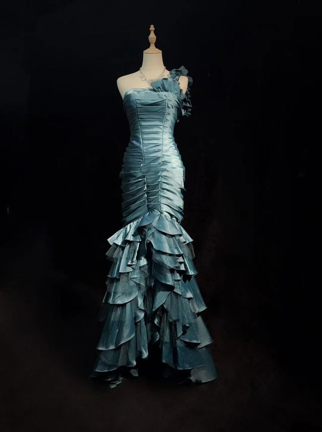Vintage Mermaid One Shoulder Dusty Blue Satin With Folds Sleeveless Long Formal Dress Gown Birthday Prom Dresses N2442