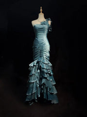 Vintage Mermaid One Shoulder Dusty Blue Satin With Folds Sleeveless Long Formal Dress Gown Birthday Prom Dresses N2442