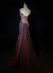 Modest Prom Dresses Mermaid Spaghetti Strap Grape Tulle Sequined With Lace Long Evening Outfits N3448