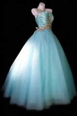 Modest Prom Dresses Ball Gown Strapless Light Sky Blue Tulle With Beading Long Quince Dress N2971