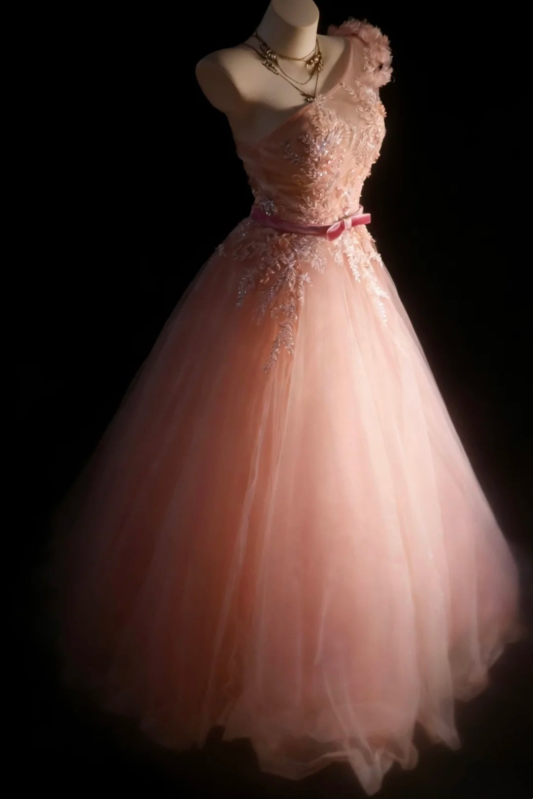 Pretty Prom Dresses Ball Gown One Shoulder Blush Pink Tulle With Appliques Long Formal Dress N2954