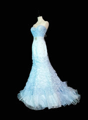 Vintage 1760s Mermaid Sweetheart Light Sky Blue Tulle Sleeveless Pleated Long Prom Dresses N1583