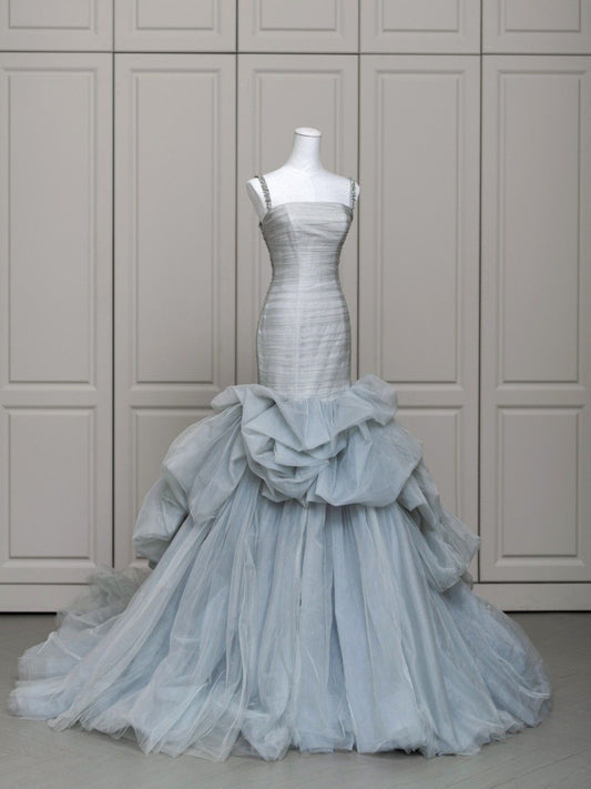 Light Blue Mermaid Spaghetti Straps Pleated Prom Dresses Evening Formal Gown Semi Formal Grad Long Prom Dress For Teens AB1996