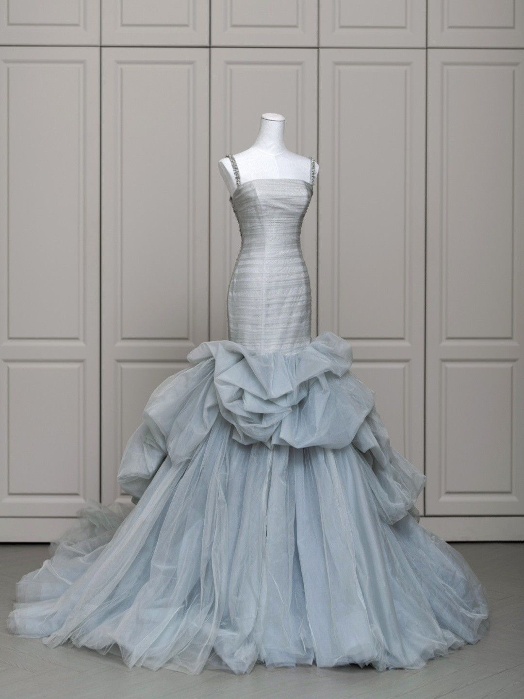 Light Blue Mermaid Spaghetti Straps Pleated Prom Dresses Evening Formal Gown Semi Formal Grad Long Prom Dress For Teens AB1996