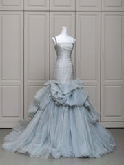 Light Blue Mermaid Spaghetti Straps Pleated Prom Dresses Evening Formal Gown Semi Formal Grad Long Prom Dress For Teens AB1996
