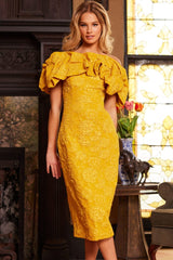 Jovani 23848 Tea Length Ruffle Mustard Formal Dress