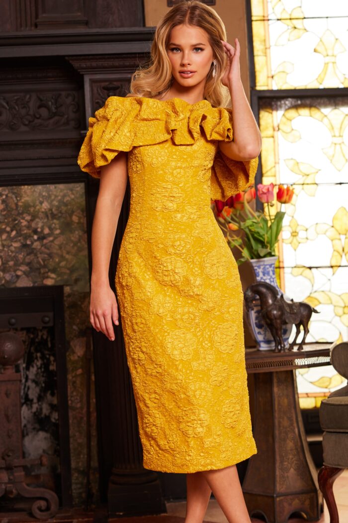 Jovani 23848 Tea Length Ruffle Mustard Formal Dress