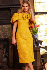 Jovani 23848 Tea Length Ruffle Mustard Formal Dress
