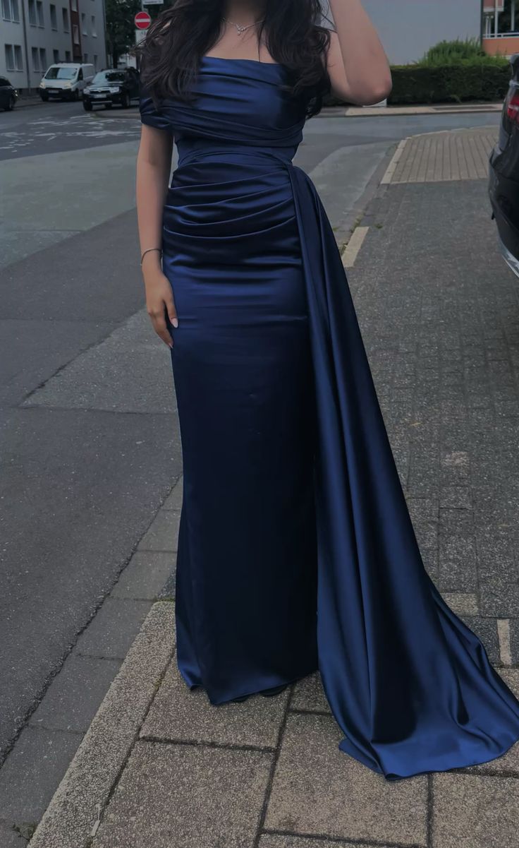 Elegant Mermaid Off The Shoulder Navy Blue With Pleated Sleeves Long Formal Prom Evening Dress Dinner Outfits Party Gowns AB2061