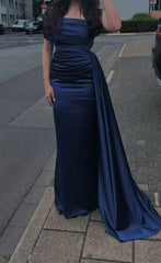 Elegant Mermaid Off The Shoulder Navy Blue With Pleated Sleeves Long Formal Prom Evening Dress Dinner Outfits Party Gowns AB2061