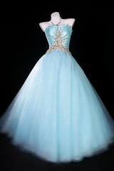Modest Prom Dresses Ball Gown Strapless Light Sky Blue Tulle With Beading Long Quince Dress N2971