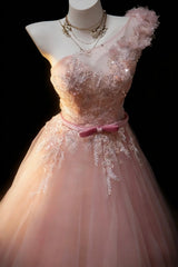 Pretty Prom Dresses Ball Gown One Shoulder Blush Pink Tulle With Appliques Long Formal Dress N2954