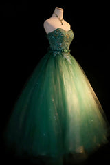Modest Prom Dresses Ball Gown Strapless Green Tulle With Beads Long Quince Dress N2975