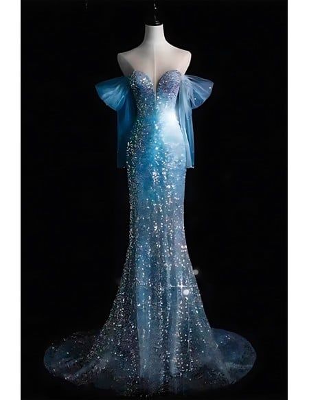 Modest Mermaid Off The Shoulder Beaded Party Gowns Elegant Ice Blue Sparkle Long Prom Dress AB1702