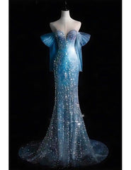 Modest Mermaid Off The Shoulder Beaded Party Gowns Elegant Ice Blue Sparkle Long Prom Dress AB1702